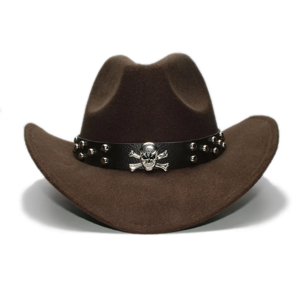 Vintage Retro Women Men Wool Wide Brim Cowboy Western Cowgirl Bowler Hat Fedora Cap Skull Leather Band Band (54/57/61CM)