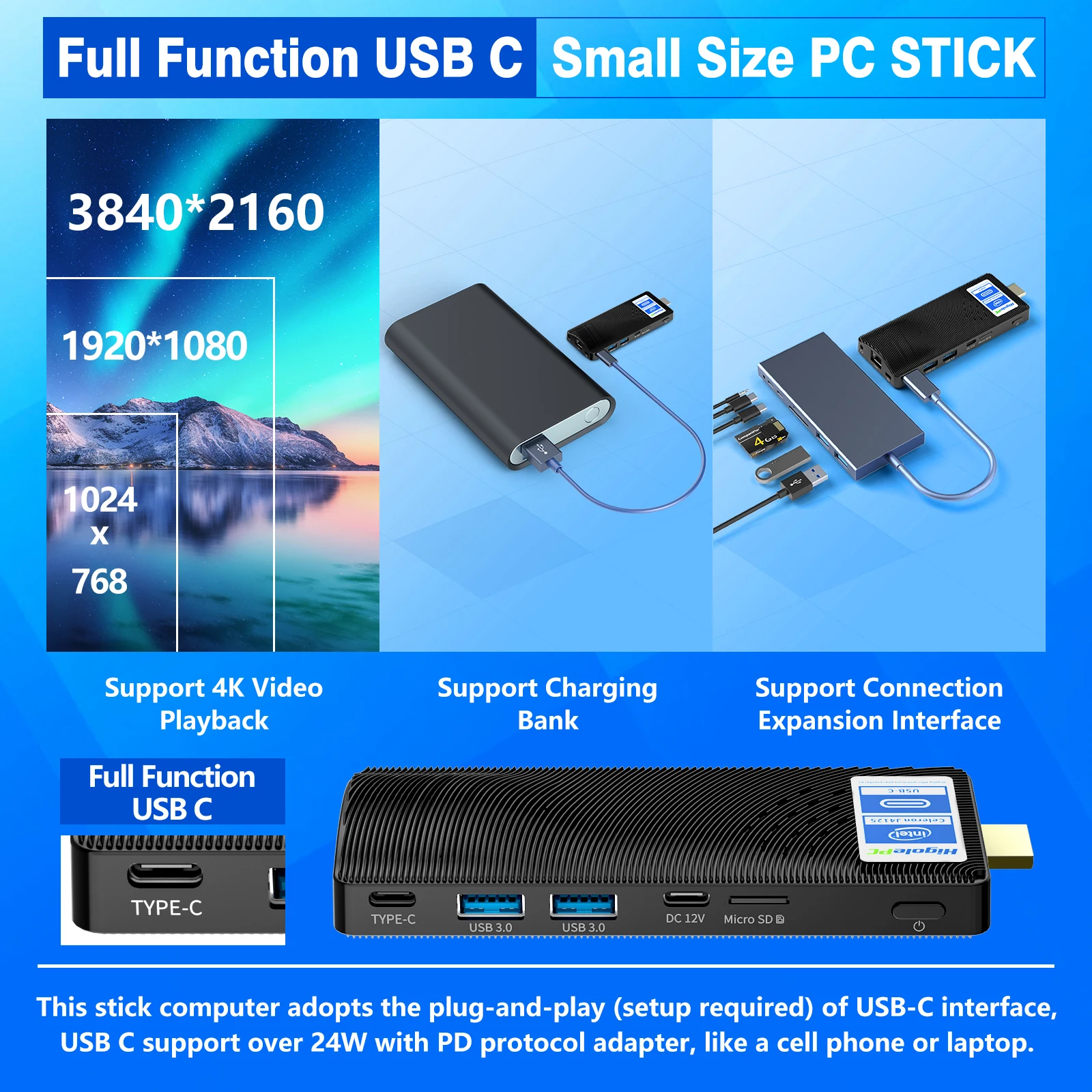Higole Fanless Mini PC Stick Intel J4125 Mini PC Windows 11 WiFi5 4/8GB 64/128/256GB 4K Desktops Computer Laptop HDMI2 PC Stick