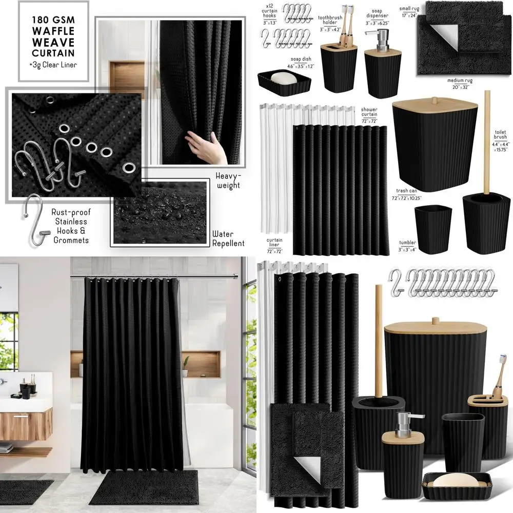 

Complete 22-Piece Black Bathroom Accessory Set with Shower Curtain and Mats