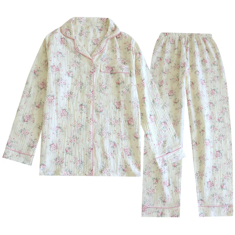 Autumn Long Sleeve Cotton Double Gauze Pajamas for Women Loose and Casual Plus Size Loungewear Lapel Flower Print Sleepwear