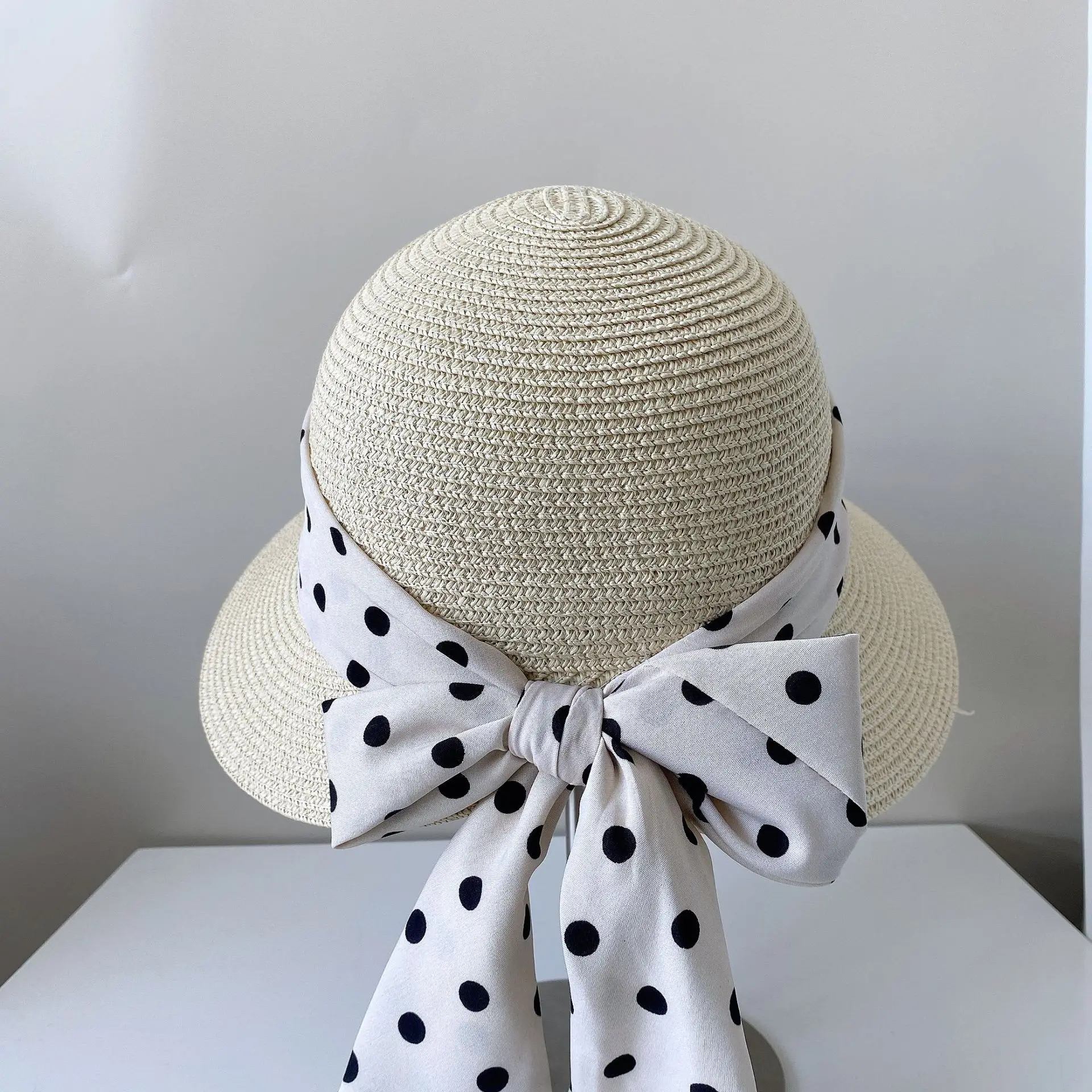 2023 England Vinage  Dotted Ribbon Bow Summer Hat Women Irregular Brim Split Bucket Hat Spring Straw Beach Sun Hats Chapeau 2023