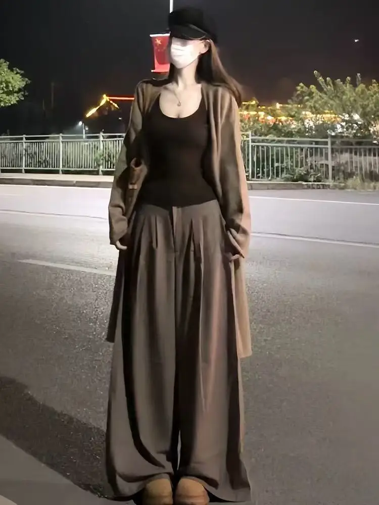 

Caramel-Colored High-Waisted Wide-Leg Pants Women's Autumn Winter plus Size Loose Slimming Drapey Casual Trousers