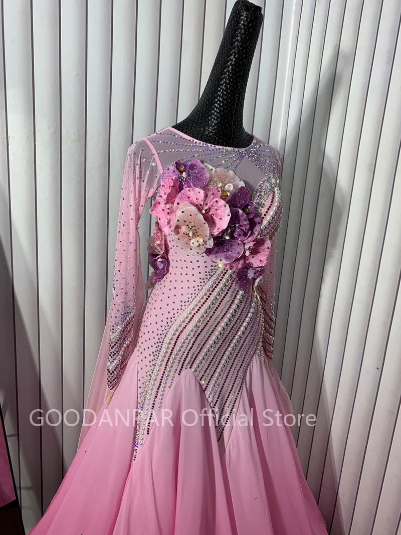 Ballroomdanswedstrijd Jurken Kostuums Walsdansjurk Kleding Danskleding Jurk Standaardjurk Lange mouw roze
