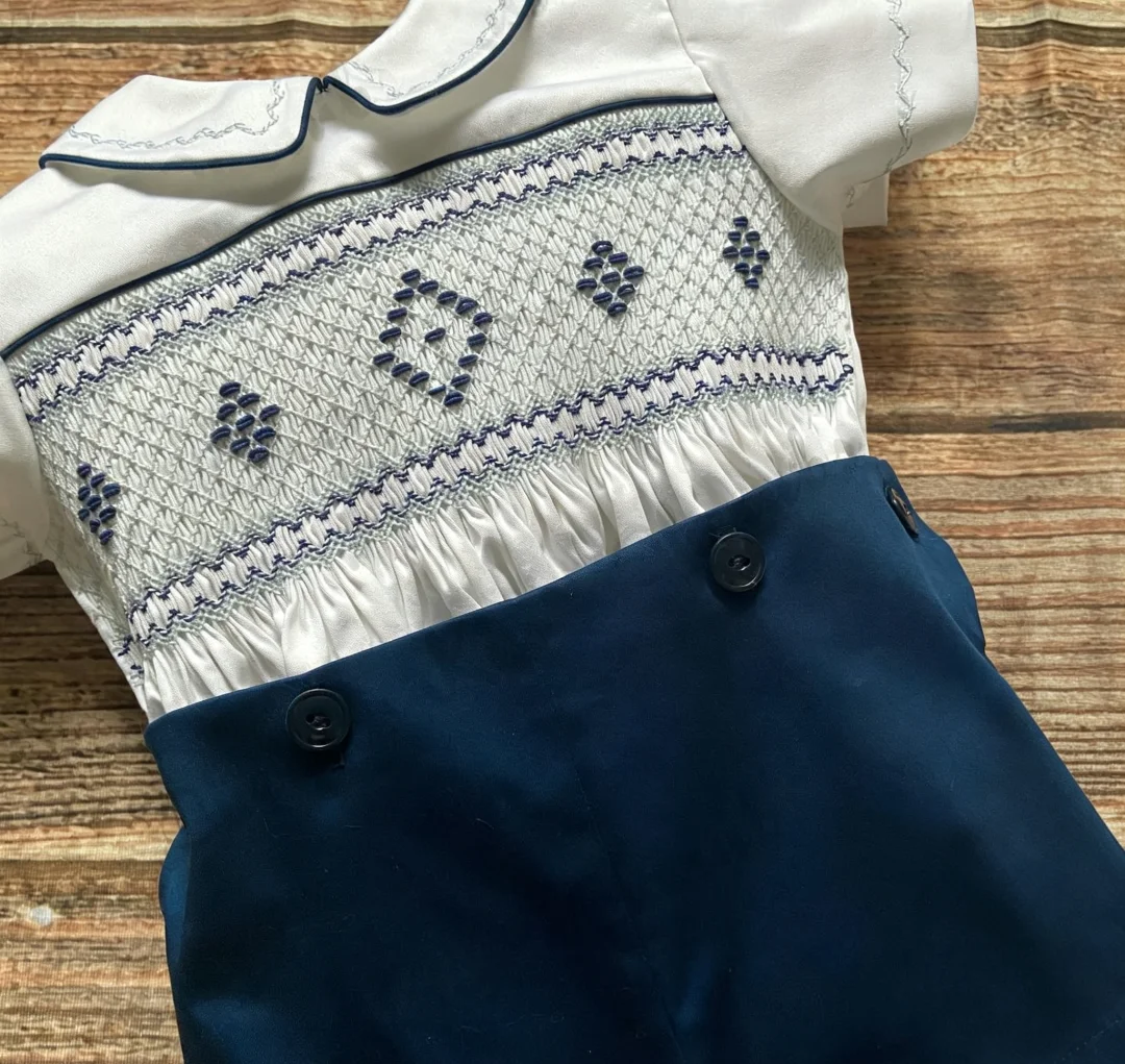 Baby Boy White Navy Hand Smocked Diamond Embroidery Twins Matching Romper for Birthday Party Photography A437