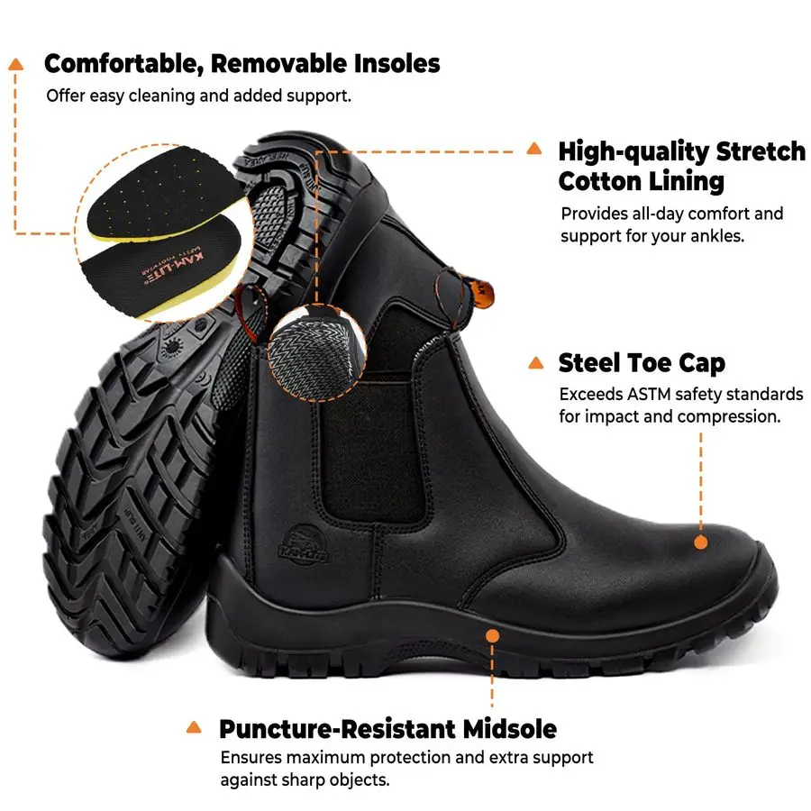 Boots for Men, Slip On Steel Toe Chelsea Safety Boots, Waterproof Slip Resistant Work Shoes, Lightweight Comfortable Breathable