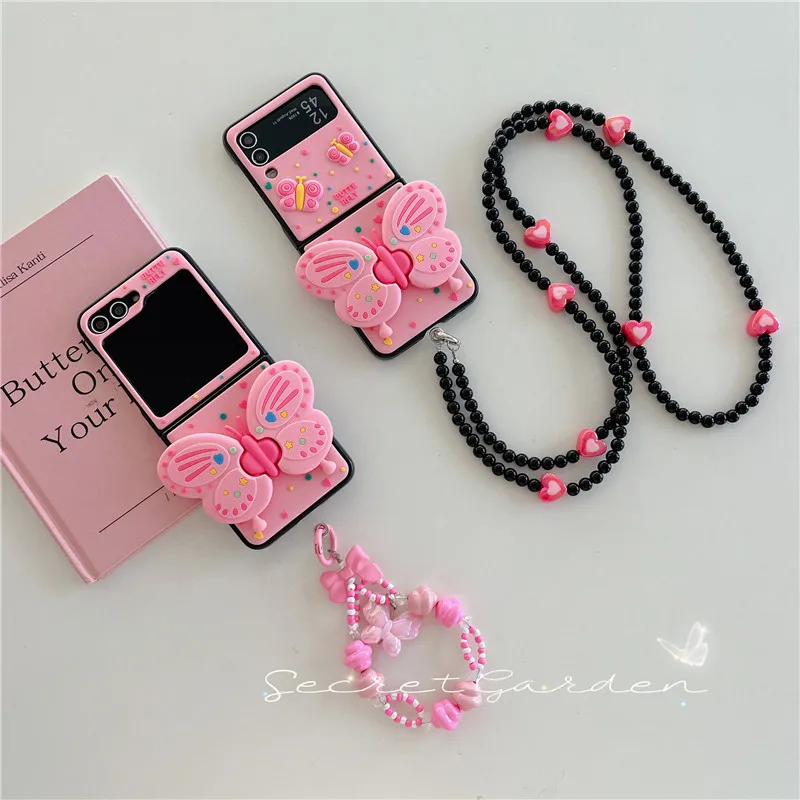 Korean 3D Cartoon Butterfly Bracelet Phone Case For Samsung Galaxy Z Flip 3 4 5 Z Flip5 ZFlip5 Shockproof Back Cover