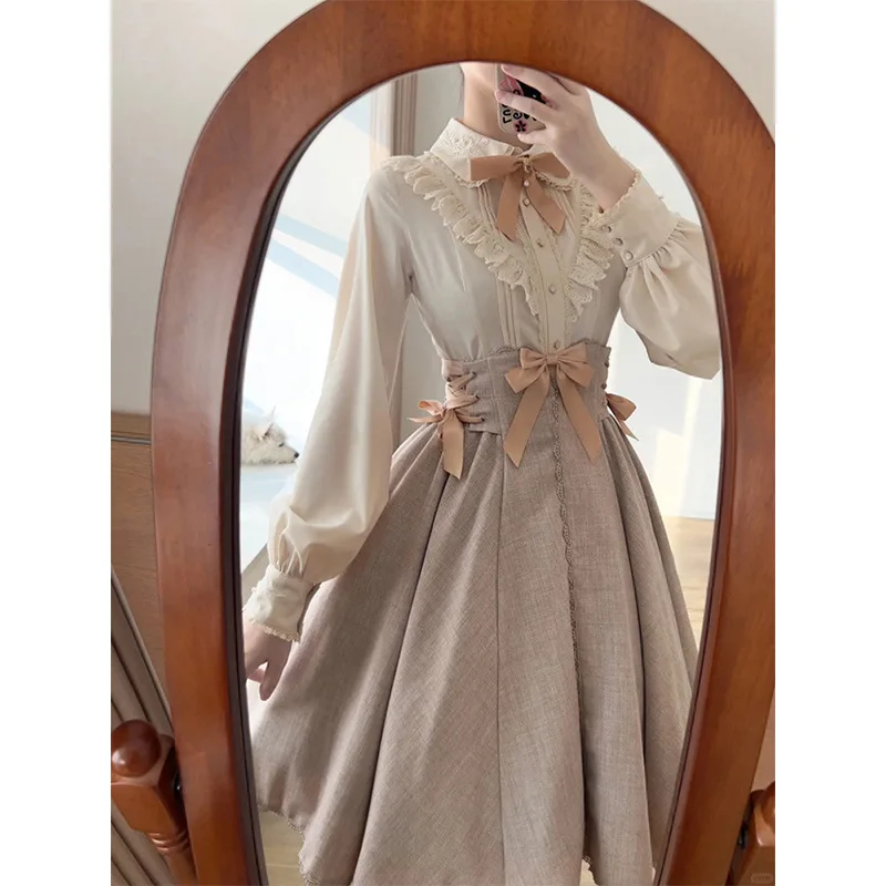 Set van Lolita-blouse en rok voor dames - Zoete vlinderdas Tailleriem Tweedelige outfit Lente Jeugdige mode 2024