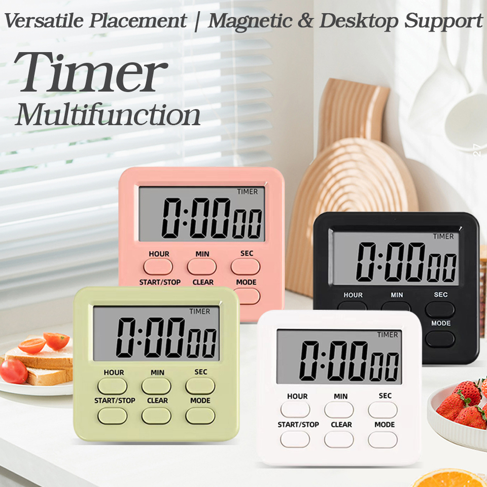  Magnetic Digital Kitchen Timer with LCD Display, 24H Countdown Clock, Desktop & Wall Mount for Cooking, Study, Work – 4 Colors 
