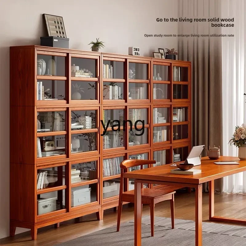 

xyy solid wood bookcase storage integrated whole wall with glass sliding door display cabinet household