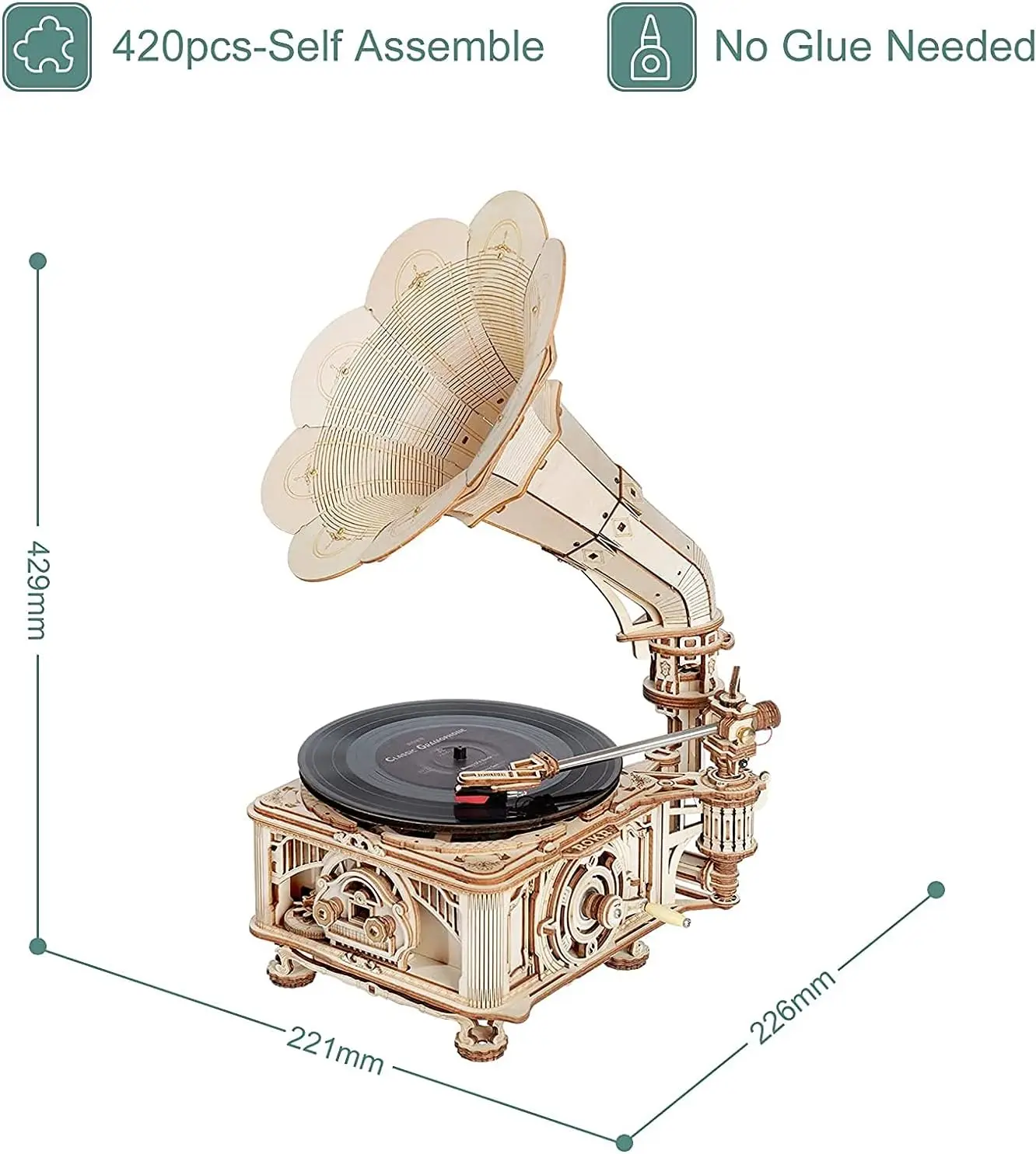 Robotime Rokr DIY Hand Retro Decoration Crank Classic Gramophone 3D Wooden Puzzle Building Kits Toy Gift for Adults Teens LKB01D