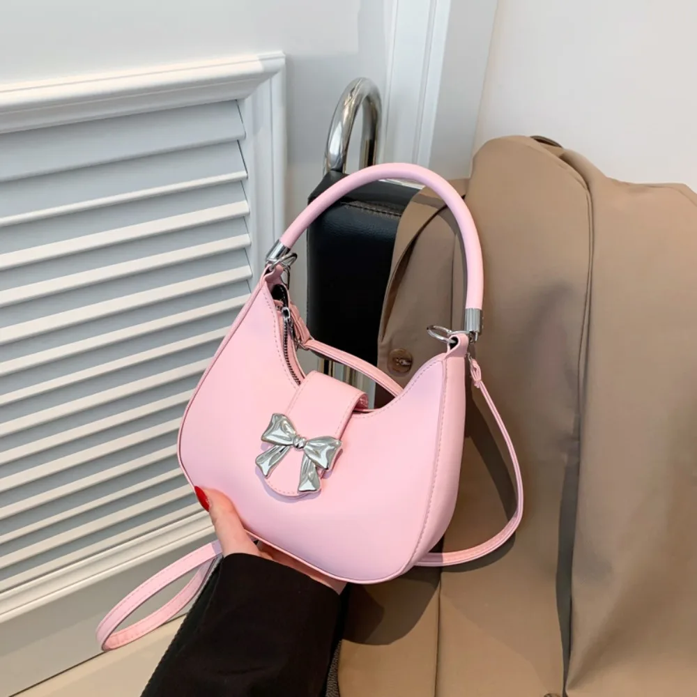 

Y2k Style Bowknot Crossbody Bag Bow PU Leather Dumpling Shoulder Bag Large Capacity Underarm Bag Half-moon Handbag Shopping