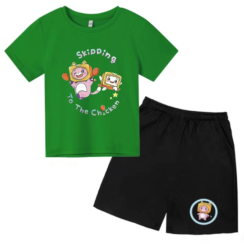 Children's Trend Anime Print T-Shirt 3-12Y Boys and Girls Pre-school Birthday Gift Top+shorts 2P Sports Jogging Charm Casual Set