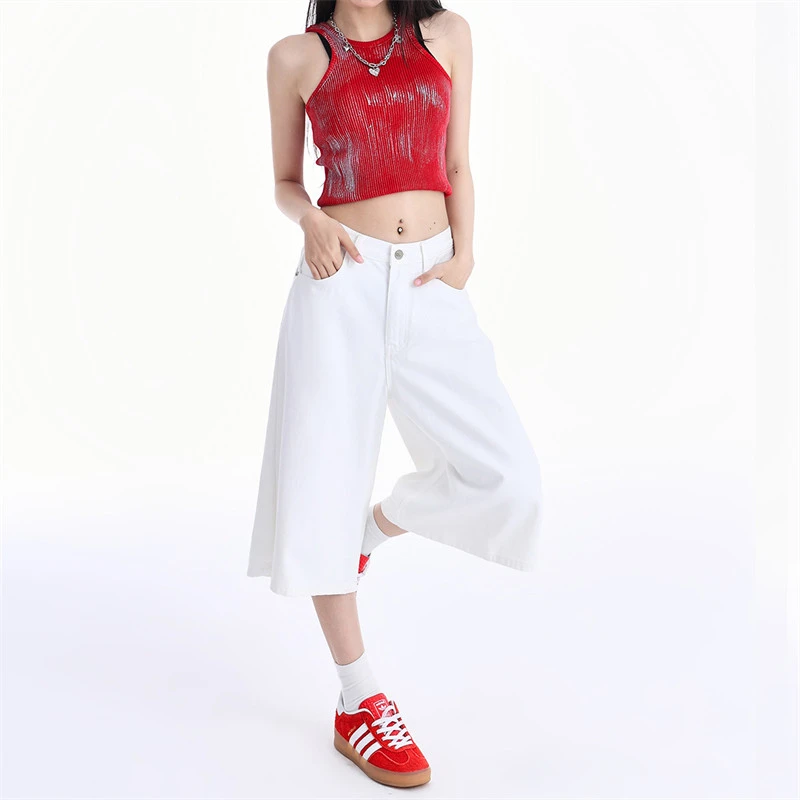 Y2k Style White Blue Baggy Denim Shorts Women Summer Loose Wide Leg Short Fashion High Waist Wash Knee Length Jeans Female