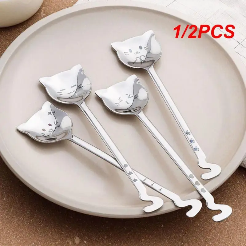 1/2PCS Dinnerware Long Tail Cat Tableware Non-slip Smooth Teaspoon Funny Cute Stainless Steel Birthday Gift Rust-proof Tea-spoon