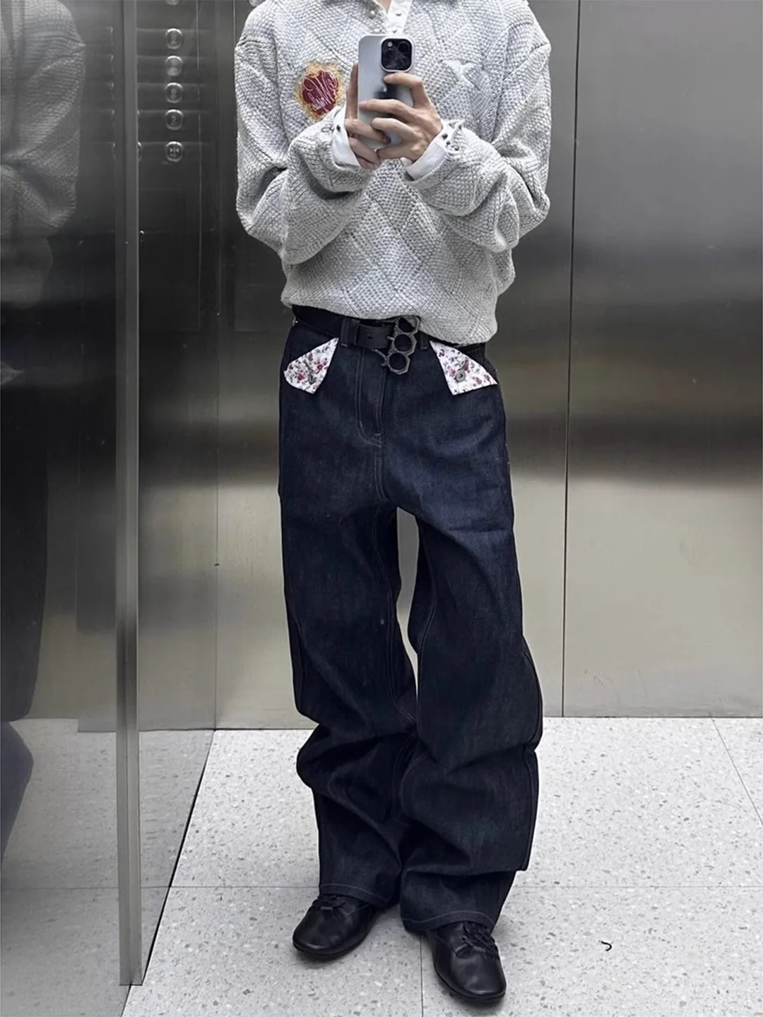 

Men's Floral Patchwork Denim Jeans mid Waist Straight Leg Spring Casual American Sle Knife Flared Trousers Trendy