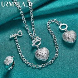 URMYLADY 925 Sterling Silver Heart Pendant Necklace Bracelet Ring Jewelry Set For Women Wedding Party Fashion Charm Gift