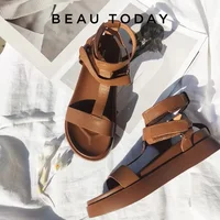 BeauToday Summer Gladiator Sandals Women Calfskin Leather Open Toe T-bar Strap Hook & Loop  Summer Ladies Shoes Handmade 07130
