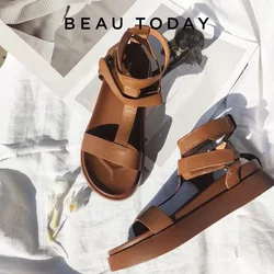 BeauToday Summer Gladiator Sandals Women Calfskin Leather Open Toe T-bar Strap Hook & Loop  Summer Ladies Shoes Handmade 07130