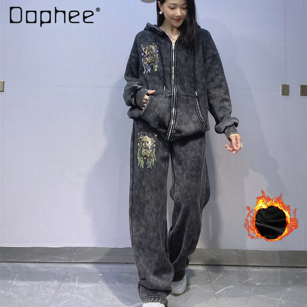 

Rhinestone Hooded Zipper Cardigan Set for Women Winter Sports Casual Fleece Lined Thick Tie-Dye Sweatshirt Two-Piece Sets