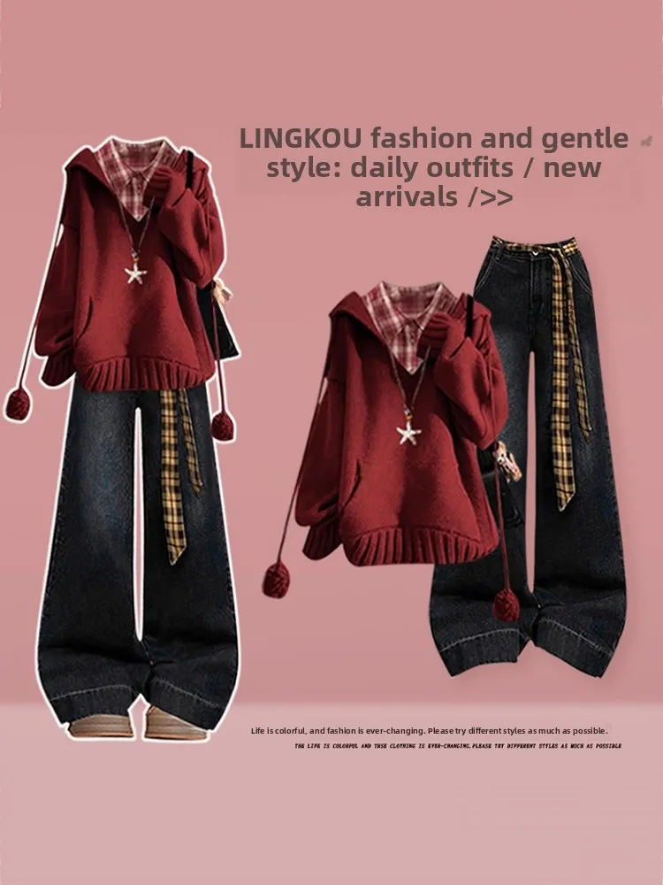 

Cisas Red Hoodie Plaid irt Vintage Jeans Tee-Piece Set Women's Autumn Winter High-End Faion Ensemble Long Sve Kn...