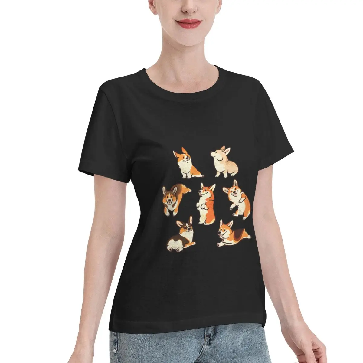 Custom Available Jolly Corgis In Green Boxy Women's T-shirt Boho Non Fading Tee
