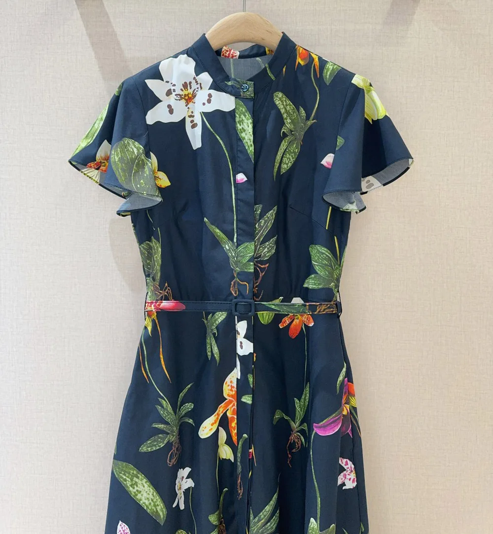 Floral printed elegant stand collar belt woe midi dresses 2025 summer short sleeve long dress