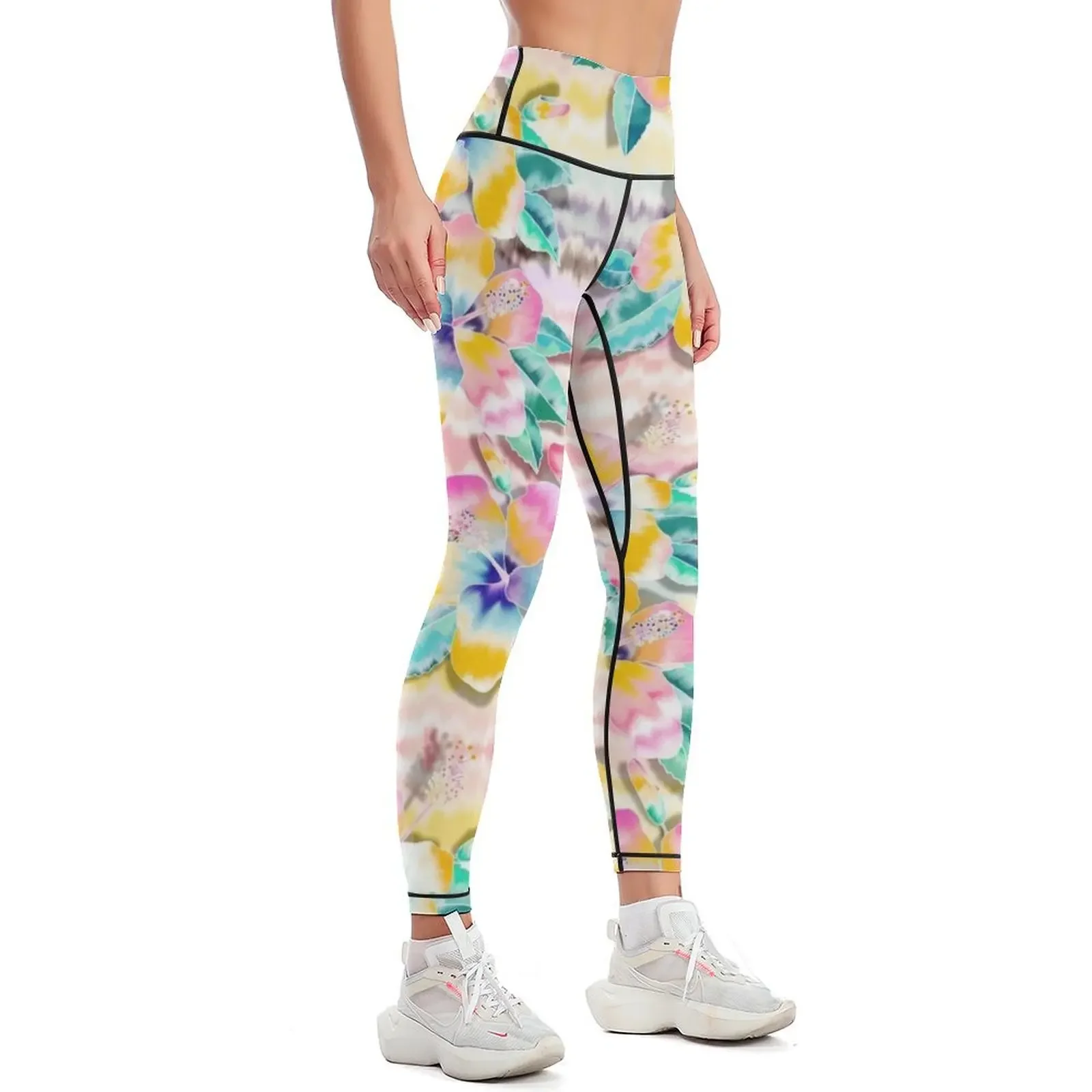 Tie-Dye Hibiscus Collage in pastels Leggings Women's fitness Legging sexy woman Womens Leggings