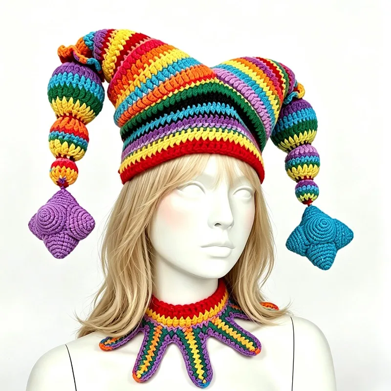 Handmade Crochet Colorful Striped Jester Clown Hat Women Custom Fake Collar Heart Knit Beanie Men Cosplay Carnival Party Cap