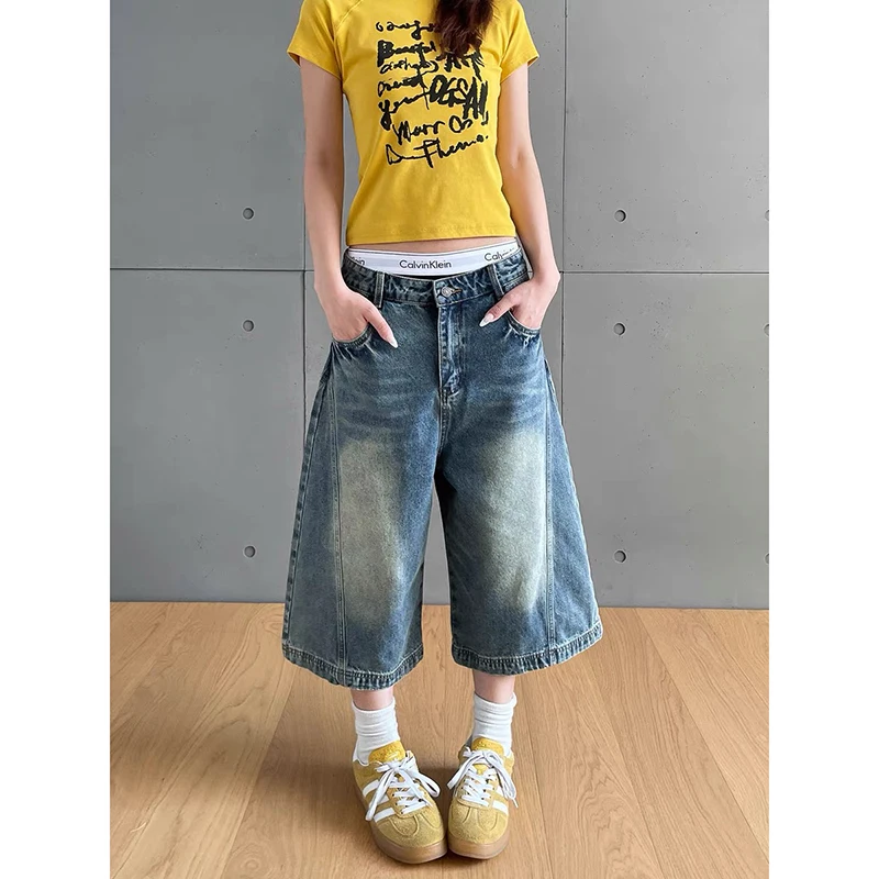 

ZHIZOU Y2K Vintage 90s Women Denim Shorts Baggy High Waist Korean Wide Leg Jorts Casual Oversize Washed Jeans Streetwear Summer