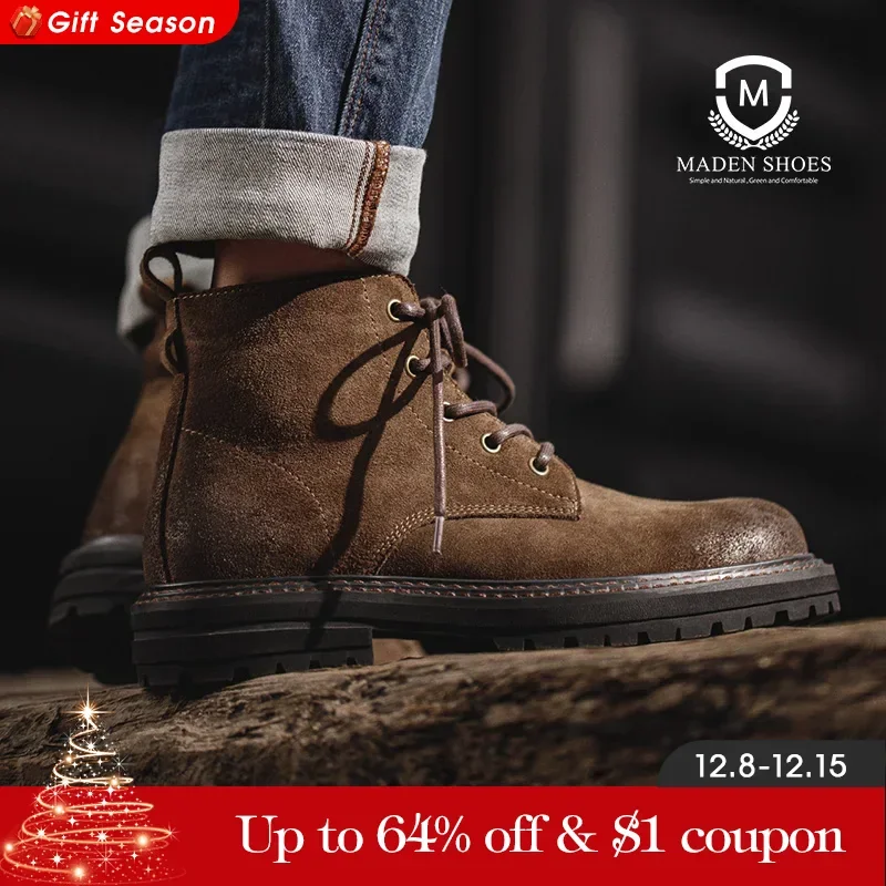 Maden Retro Winter Shoes Men Boots Desert High Top Boot Casual Vintage Street Cool Shoe Winter Brown Leather Shoes