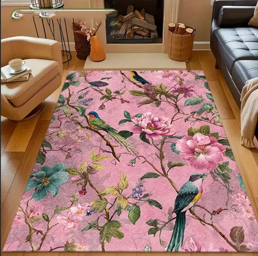 Blumen- und Vogelmuster-Teppich aus Polyester Gewebter Klebeteppich Geeignet für Wohnzimmer, Schlafzimmer und Innenbereich