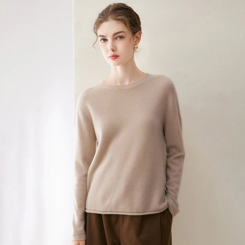 Women's Fashion Roll Sleeve round Neck Knitwear Seamless One-Piece 100% Pure Cashmere Base Layer Clothing