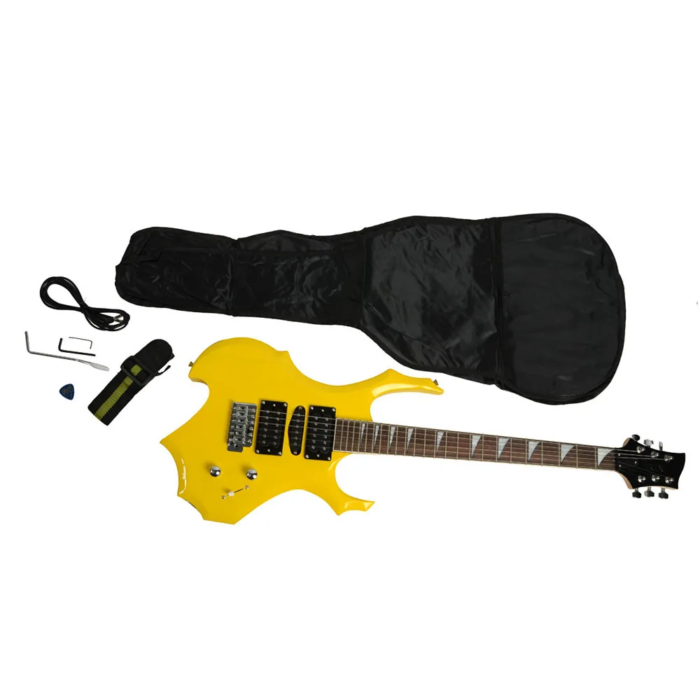 Novice Flame Shaped Electric Guitar HSH Pickup Bag Strap Paddle Rocker Cable Wrench Tool Yellow