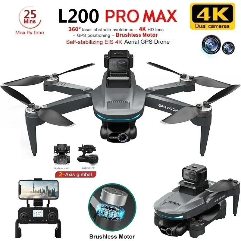 

L200 PRO MAX Drone GPS 4K Professional 2-Axis Gimbal 360° Obstacle Avoidance Brushless Motor GPS Quadcopter FPV RC Drones