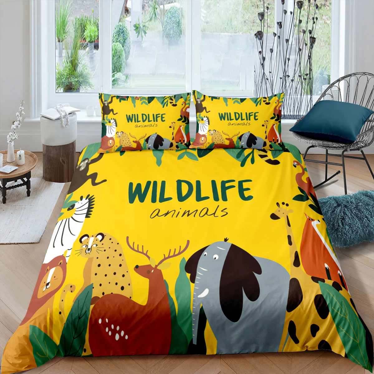 Cartoon Animals King Queen Duvet Cover Elephant Giraffe Lion Bedding Set for Kids Wildlife Yellow 2/3pcs Polyester Quilt Cover