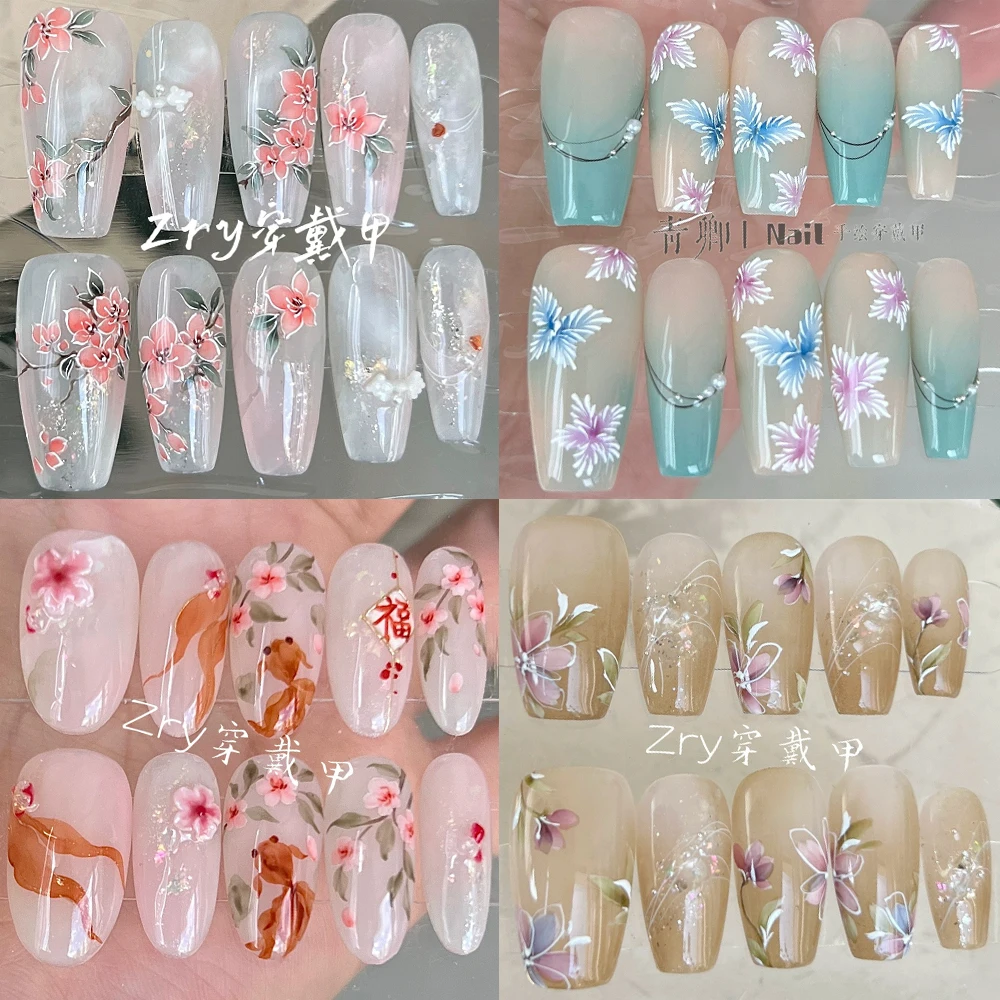 

10Pcs Gentle Retro Long Coffin Ellipse Press On Nails High Quality Flowers Butterfly Bamboo Gradients Detachable Fake Nails