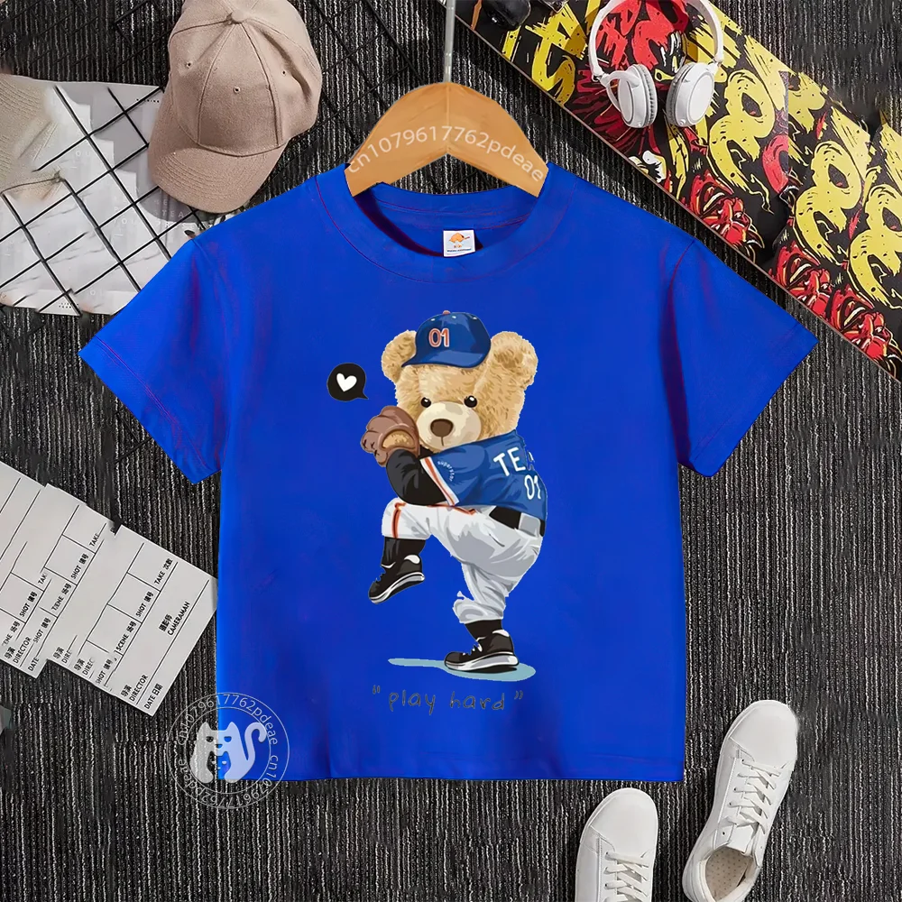 Kids Summer 100% Cotton T-shirt Boys Girls Cartoon Bear Print round neck Short Sleeve Teen Harajuku top Cotton T-shirt top