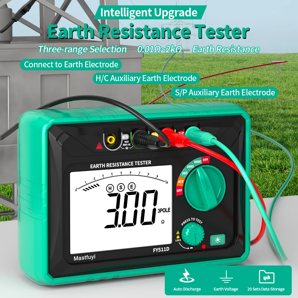 

MASTFUYI Digital Earth Resistance Tester with Data Storage for EV Charging Pile and Electrical Grounding Test Dual Power Supply