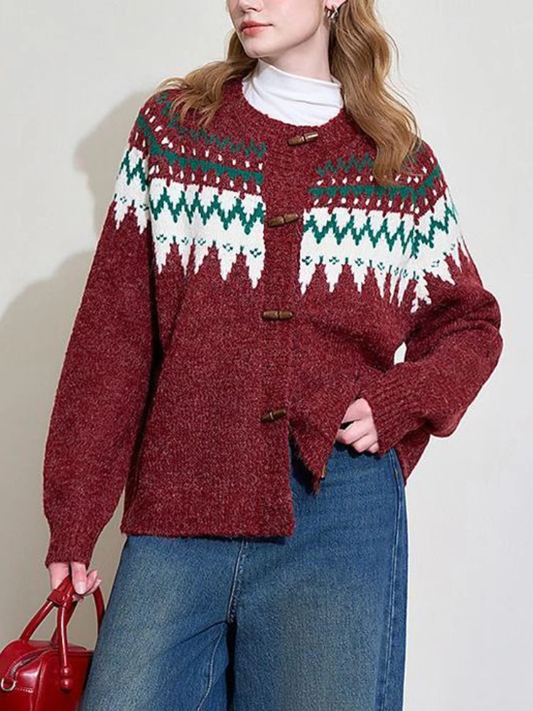 

American Christmas Red Cardigan Women Vintage Lazy Wind Sweet Knitted Sweater Casual O Neck Long Sleeve Retro Harajuku Tops New