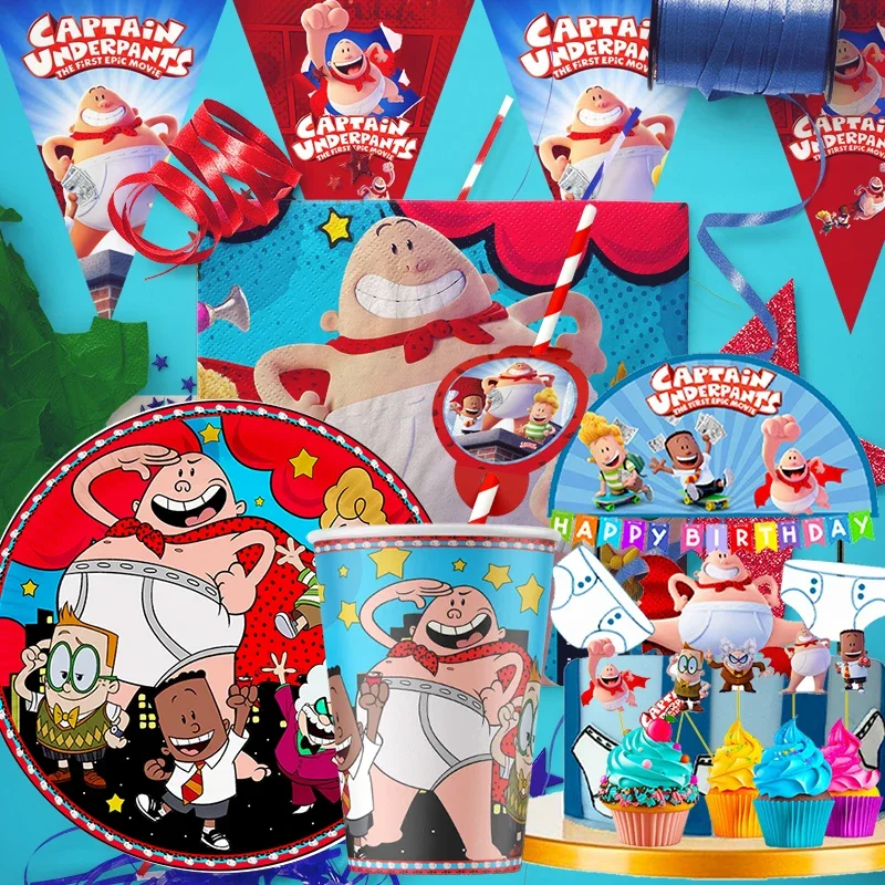 Disney Captain Underpants Birthday Decoration Angle Disposable Tableware Cup Plate Tablecloth Baby Shower Kids Party Supplies