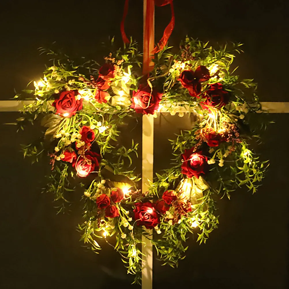 

1Pcs Heart-Shaped Rose Garland Delicate Luminous Door Hanging Wreath Porch Hanging Ornament Wall Decor Lighted Artificial Rose