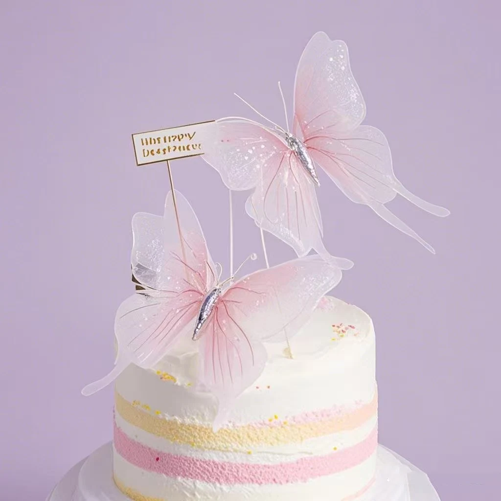 Neuer Doppel-Seiden-Schmetterling Happy Birthday Tortendekoration Rosa Blau DIY Hochzeit Party Cupcake Topper Dessert Geschenk Heimdekoration – Detail 1