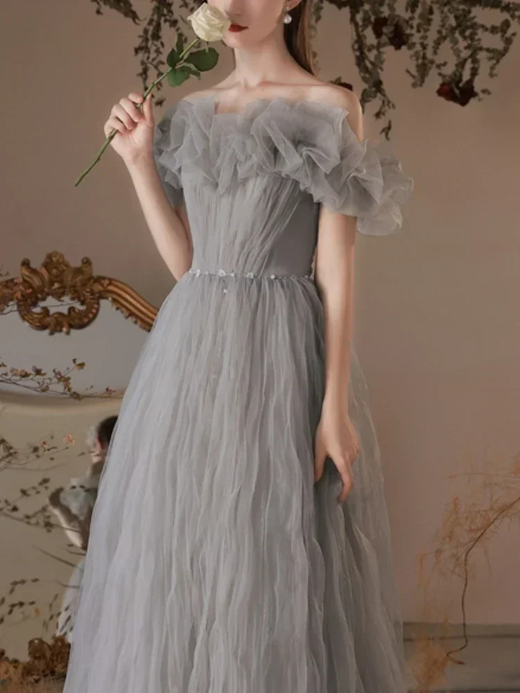 Customized Customized A Word Shoulder Fairy Red Boat Neck Evening Dresses Elegant Slim Waist Long Temperament Prom Robe Niche We