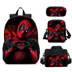 4PCS D-Deadpools Super Heroes Child School Backpack with Lunch Bags ,Pencil Bags ,School Bags for Boys Girls Best Gift