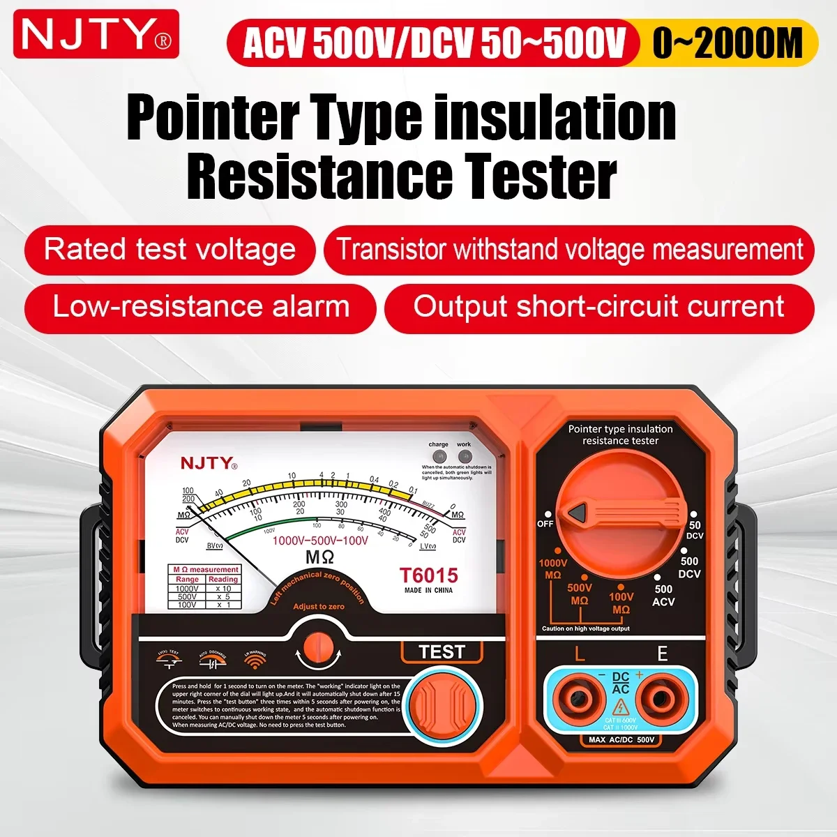 

2026 new NJTY T6015 pointer insulation resistance meter, AC/DC voltage detection 2000MΩ USB rechargeable megohmmeter