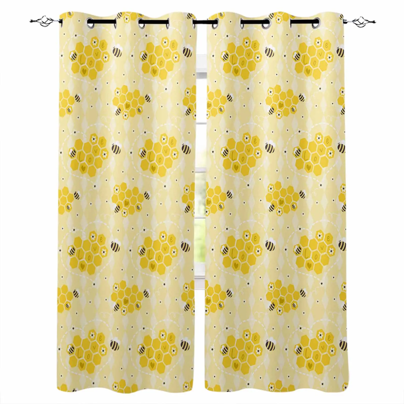 Bee Hive Yellow Flowers Window Curtains for Living Room Kitchen Curtain Bedroom Decorative Window Treatments