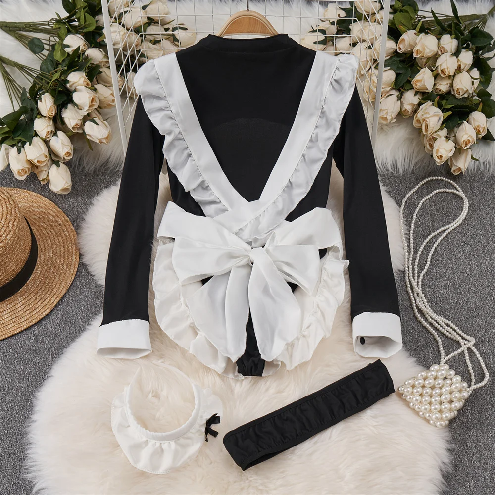 Long Sleeved Slim Hollow Jumpsuit With Strap Apron Metal Buckle Bow Ruffle Sweet Sexy Women\'s Pajama Set Maid Cosplay Lingerie