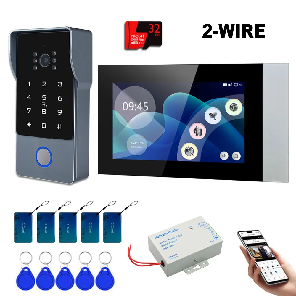 

2-Wires Intercom System,7 Inch 1080P WiFi Touch Screen Video Doorphone System, 32G Card, Code Password Tuya App IC Card Unlock