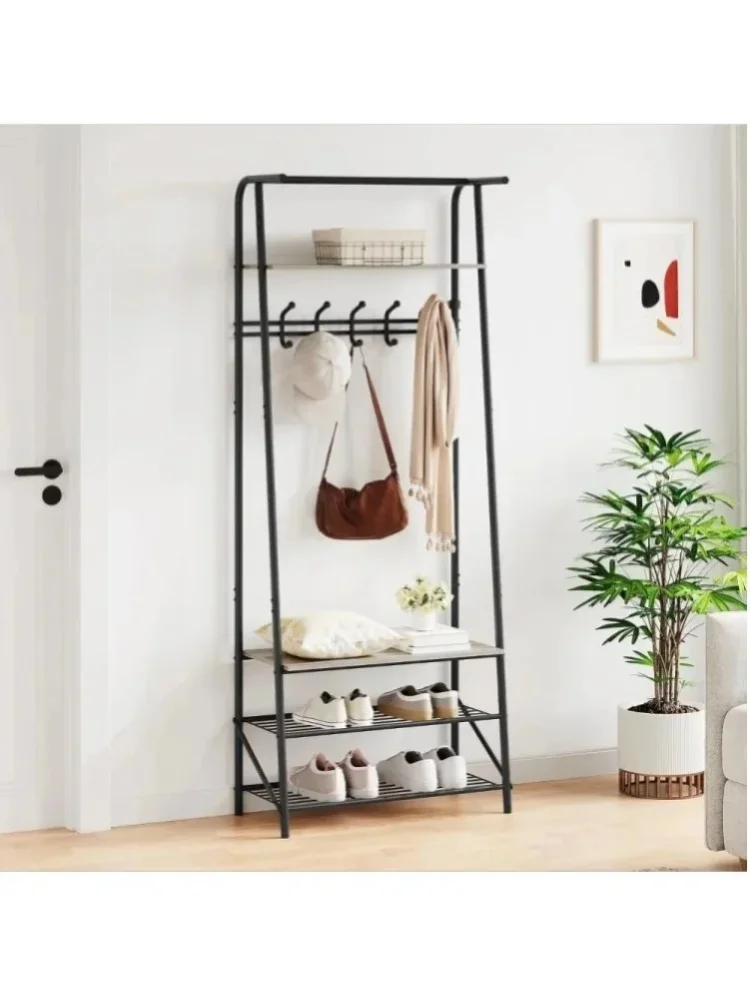 Garderobenständer mit Sitzbank & Schuhaufbewahrung, freistehender Einzelhaken-Kleiderständer 60cm für Eingangsbereich/Wohnzimmer/Schlafzimmer