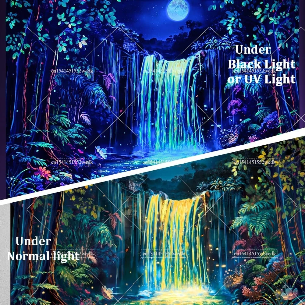 Fantasy Forest Blacklight Tapestry UV Reactive Neon Waterfall Black Light Tapestrys Glow In The Dark Wall Decor Party Backdrops